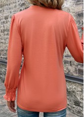 Smocked Split Neck Long Sleeve Coral T Shirt