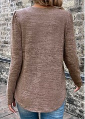 Pleated Light Coffee Square Neck Long Sleeve T Shirt
