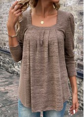 Pleated Light Coffee Square Neck Long Sleeve T Shirt