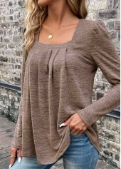 Pleated Light Coffee Square Neck Long Sleeve T Shirt