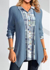 Geometric Print Patchwork Dusty Blue Shirt Collar Blouse
