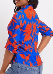 Leaf Print Button Sky Blue Long Sleeve Blouse