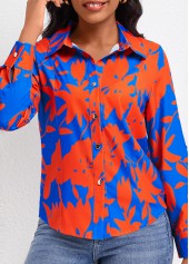 Leaf Print Button Sky Blue Long Sleeve Blouse