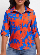 Leaf Print Button Sky Blue Long Sleeve Blouse