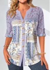 Patchwork Dusty Purple 3/4 Sleeve Split Neck Blouse