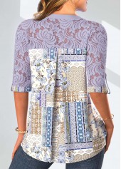 Patchwork Dusty Purple 3/4 Sleeve Split Neck Blouse