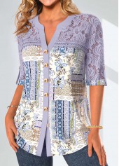 Patchwork Dusty Purple 3/4 Sleeve Split Neck Blouse