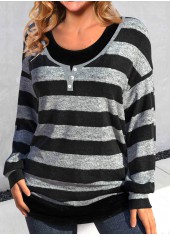 Striped Fake 2in1 Black Scoop Neck T Shirt