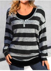Striped Fake 2in1 Black Scoop Neck T Shirt