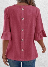 Coral Round Neck Half Sleeve Button T Shirt