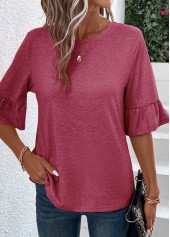 Coral Round Neck Half Sleeve Button T Shirt