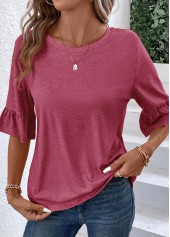 Coral Round Neck Half Sleeve Button T Shirt