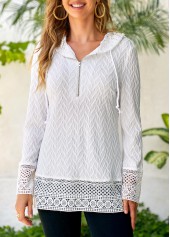 Lace White Drawstring Long Sleeve Hoodie