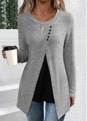 Long Sleeve Asymmetry Grey Round Neck T Shirt