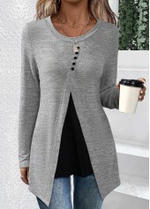 Long Sleeve Asymmetry Grey Round Neck T Shirt