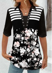 Floral Print Patchwork Black Half Sleeve T Shirt