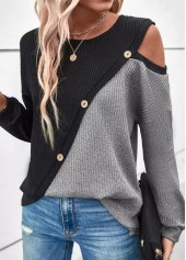 Patchwork Round Neck Long Sleeve Black Sweatshirt