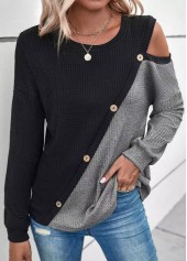 Patchwork Round Neck Long Sleeve Black Sweatshirt