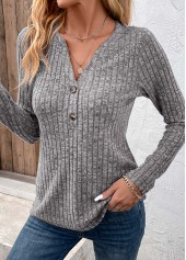 Button Dark Grey Split Neck Long Sleeve T Shirt