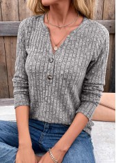Button Dark Grey Split Neck Long Sleeve T Shirt
