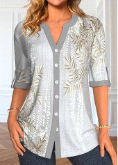 Leaf Print Button Light Grey Split Neck Blouse