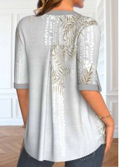 Leaf Print Button Light Grey Split Neck Blouse