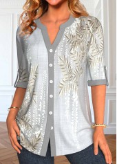 Leaf Print Button Light Grey Split Neck Blouse