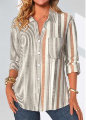 Striped Button Grey Long Sleeve Shirt Collar Blouse