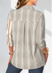 Striped Button Grey Long Sleeve Shirt Collar Blouse