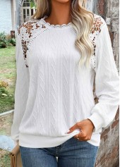Lace Round Neck Long Sleeve White Sweatshirt