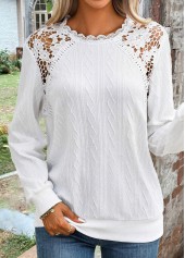 Lace Round Neck Long Sleeve White Sweatshirt