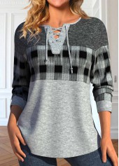 Plaid Lace Up Light Grey Marl T Shirt
