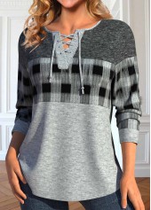 Plaid Lace Up Light Grey Marl T Shirt