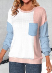 Patchwork Round Neck Long Sleeve Dusty Pink Sweatshirt