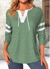 Lace Up Long Sleeve Green T Shirt