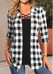Plaid Fake 2in1 Black Shirt Collar Blouse
