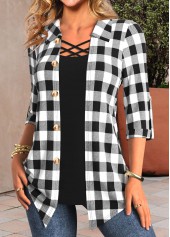 Plaid Fake 2in1 Black Shirt Collar Blouse
