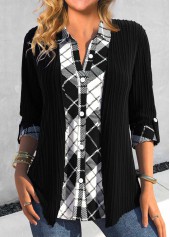 Plaid Fake 2in1 Black Shirt Collar Blouse
