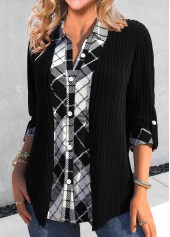 Plaid Fake 2in1 Black Shirt Collar Blouse