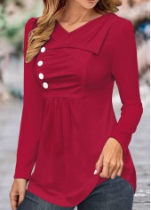 Asymmetry Turn Down Collar Wine Red T Shirt