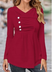 Asymmetry Turn Down Collar Wine Red T Shirt