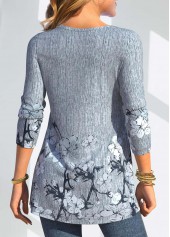 Random Floral Print Tuck Stitch Dusty Blue Blouse