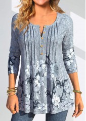 Random Floral Print Tuck Stitch Dusty Blue Blouse