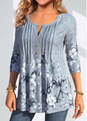 Random Floral Print Tuck Stitch Dusty Blue Blouse