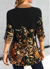 Leaf Print Fake 2in1 Black Shirt Collar Blouse