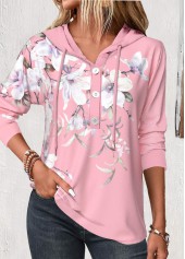 Floral Print Button Pink Long Sleeve Hoodie