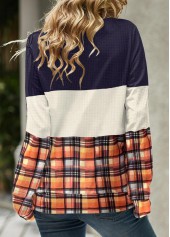 Plaid Patchwork Multi Color Split Neck Sweatshirt