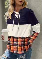Plaid Patchwork Multi Color Split Neck Sweatshirt