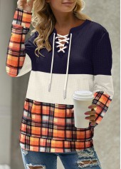 Plaid Patchwork Multi Color Split Neck Sweatshirt