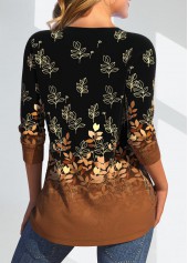 Leaf Print Criss Cross Dark Camel T Shirt